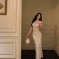 Satin suspender dress new lace splicing long party dress     S5705