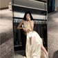 pleated floral embroidered V-neck seaside holiday dress     S6036