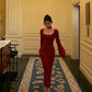 Red scarf knitted dress new retro square neck dress     S5534