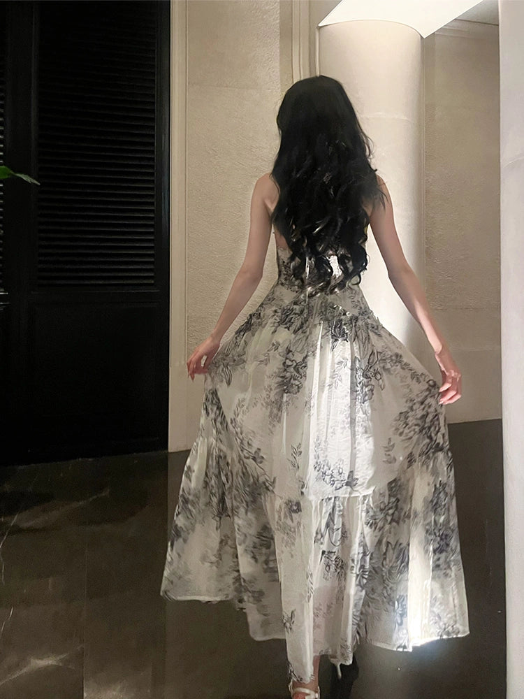 retro print halter dress summer new party dress   S6138