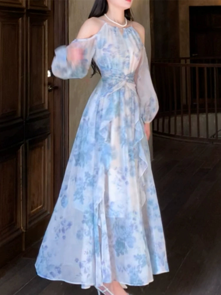 Chiffon printed dress women's seaside holiday long dress party dress     S6153