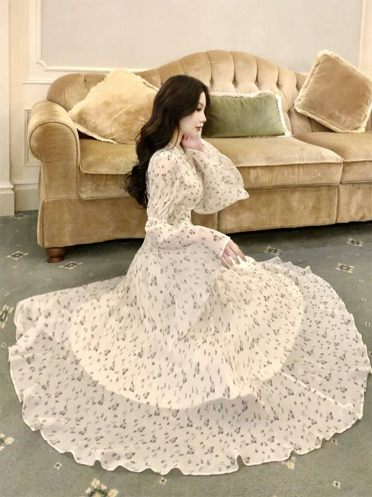 New V-neck long-sleeved chiffon floral dress      S6156