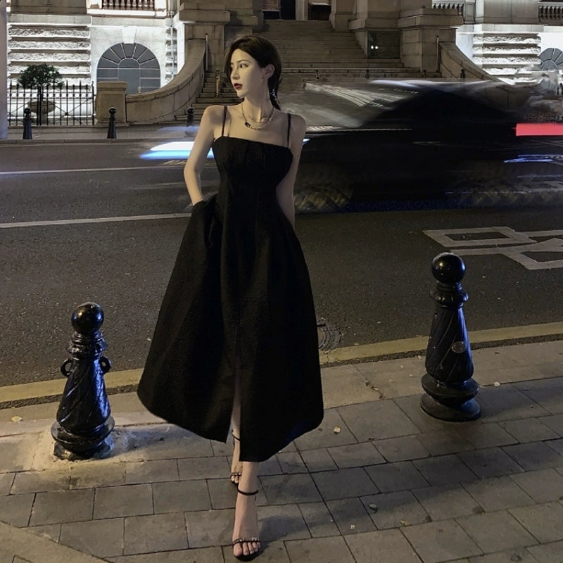 Black simple Spaghetti Straps dress women's summer long dress      S5861