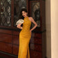Gold jacquard long new halter neck slit cheongsam dress  S5659