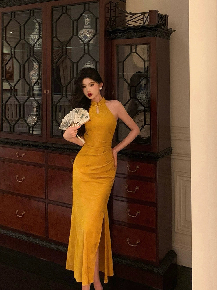 Gold jacquard long new halter neck slit cheongsam dress  S5659