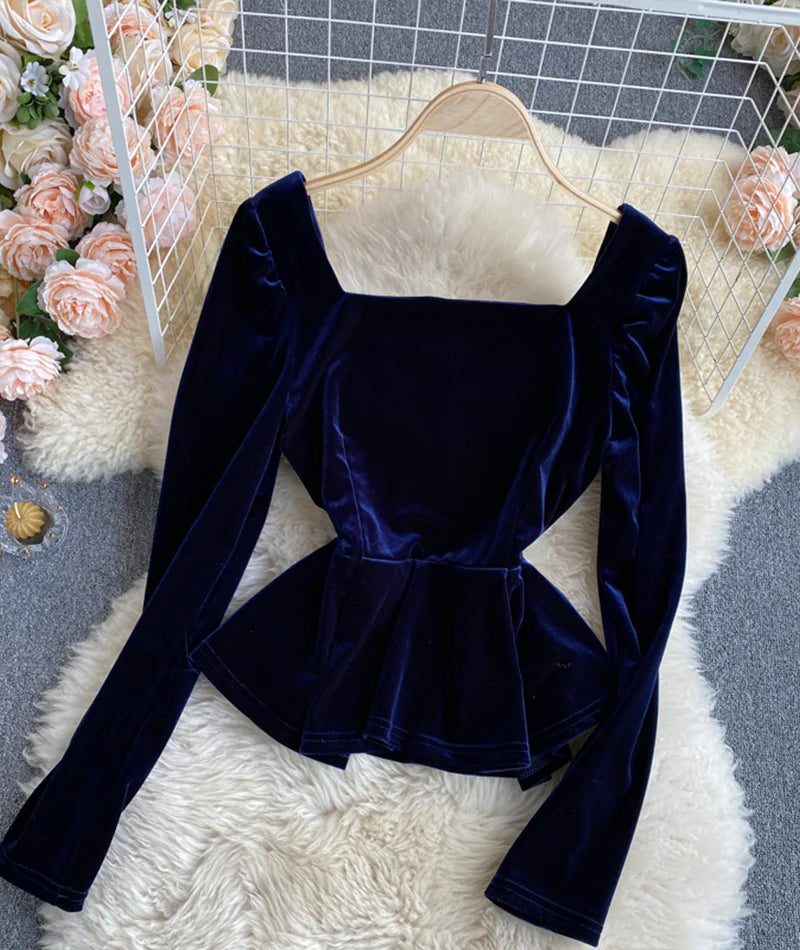 Simple velvet long sleeve tops    S2539