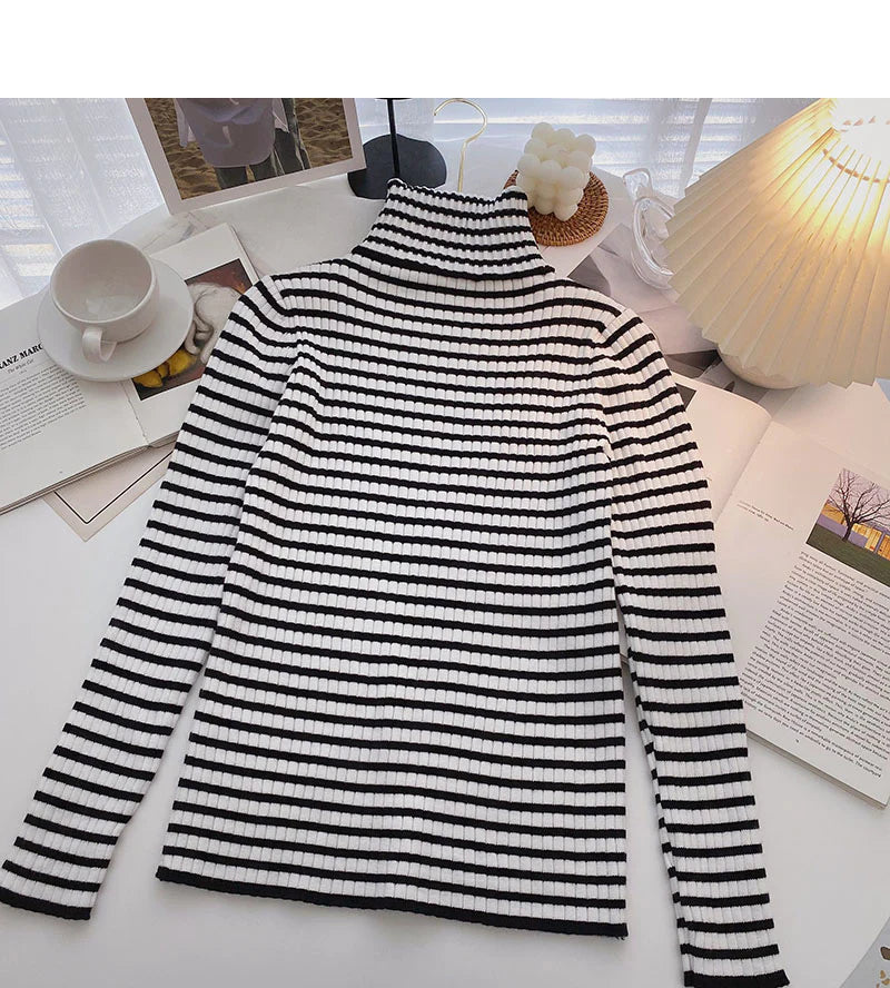 High neck stripe bottomed long sleeve top popular sweater       S2526