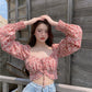 Fashion Floral Chiffon Women's Shirt Sweet Square Neck Puff Sleeve Crop Tops Lace Up Long Sleeve Blouse Woman      S2828