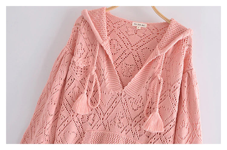 Hollow out design short Pink Knitted Hooded Sweater       S2519