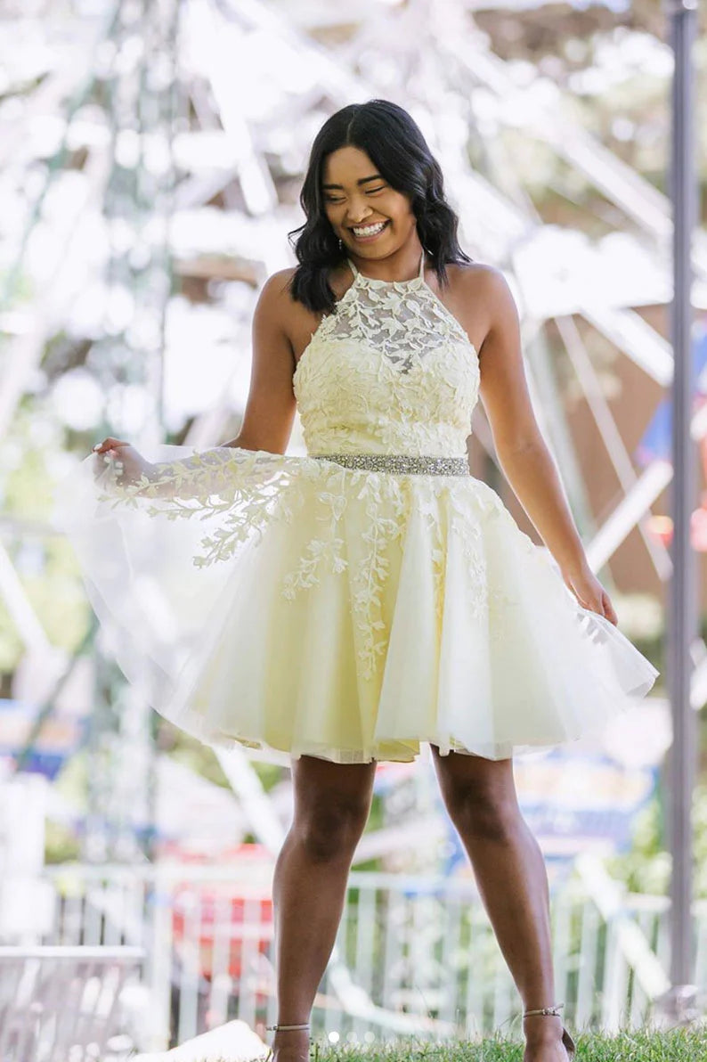 Yellow tulle lace short prom dress yellow homecoming dress       S3146