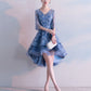 Blue V Neck Lace Short Prom Dress, Blue Lace Homecoming Dress     S3334
