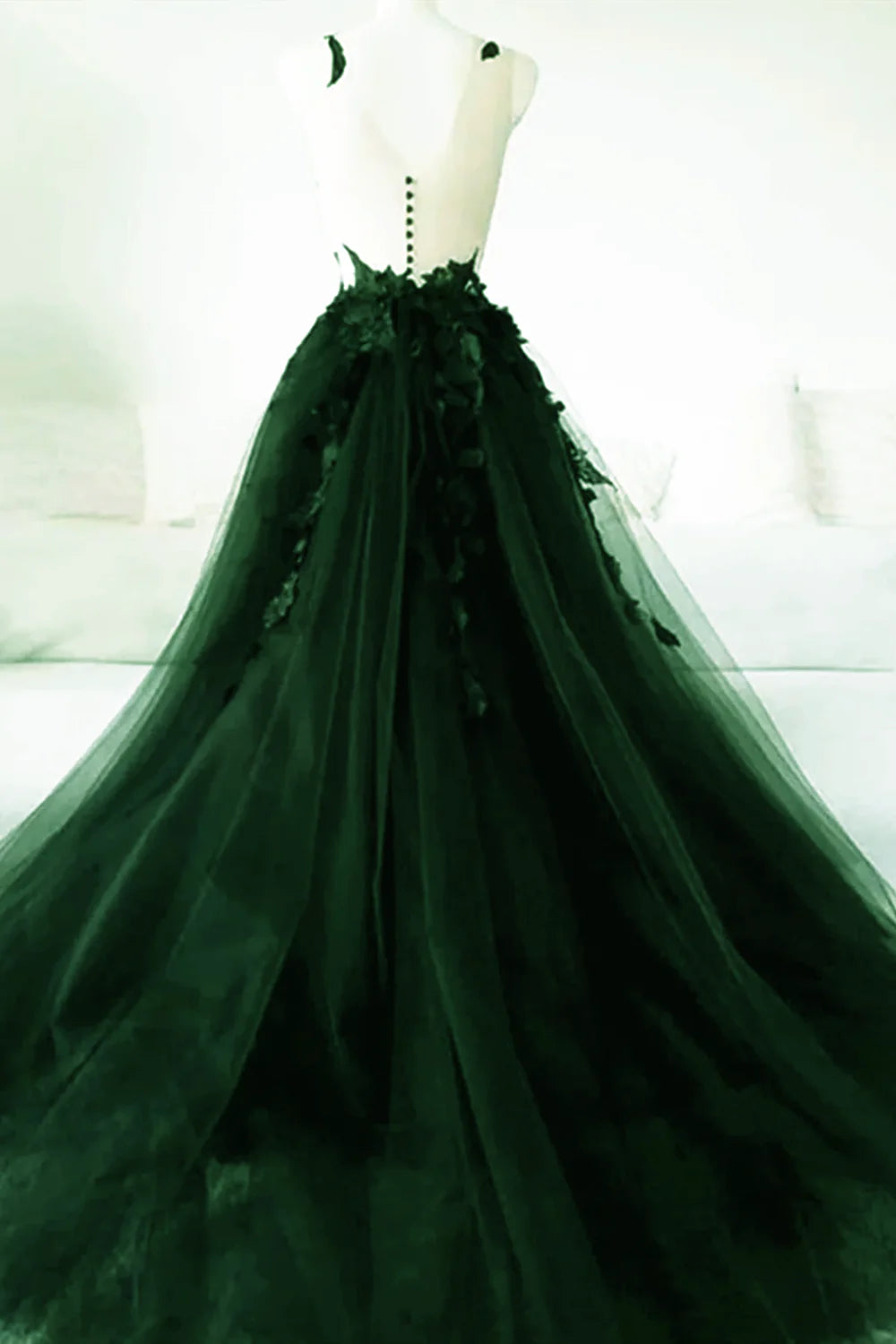 Green A-Line Tulle With Lace Low Back Prom Dress, Green Tulle Evening Dress Party Dress    S2562