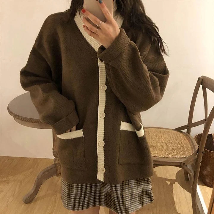 V-NECK KNITTED COLLEGE CARDIGAN SWEATER   S2793