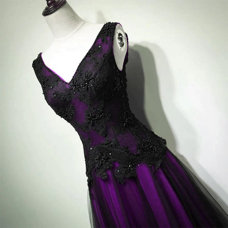 A-Line Black And Purple Tulle V-Neckline Beaded Prom Dress, Black Tulle Formal Dress   S2560