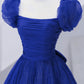Royal Blue Scoop Tulle Short Sleeves Long Prom Dress, Royal Blue A-Line Party Dress    S2564