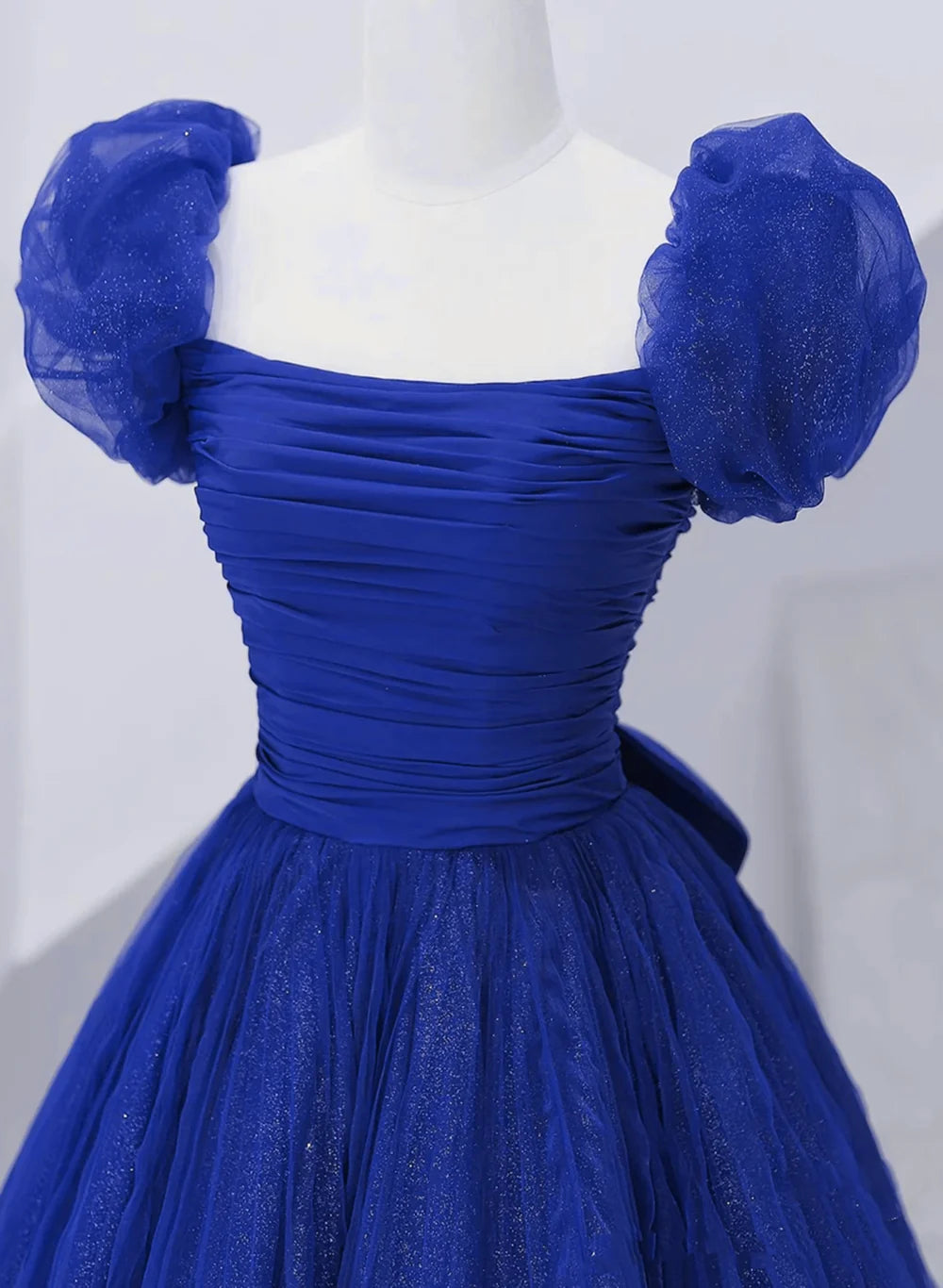 Royal Blue Scoop Tulle Short Sleeves Long Prom Dress, Royal Blue A-Line Party Dress    S2564