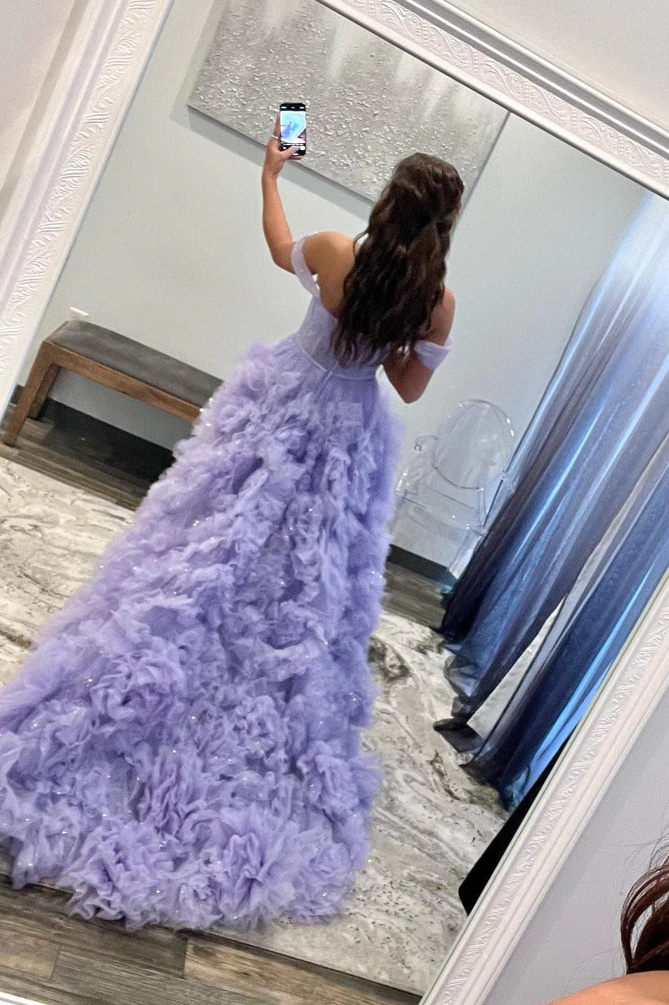 Lavender A-line Off-the-Shoulder Ruffle Layers Long Prom Dress      S3227