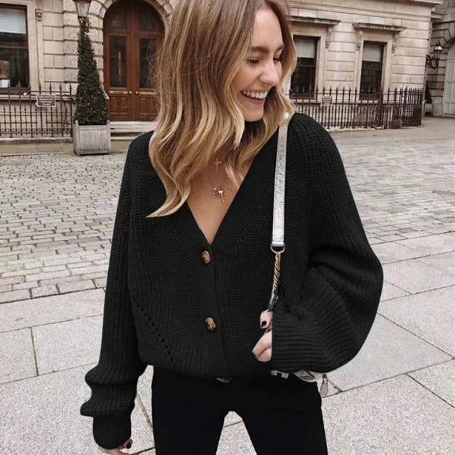 Women Knitted Cardigans Sweater Fashion Autumn Long Sleeve Loose Coat Casual Button Thick V Neck Solid Female Tops 2023    S2745