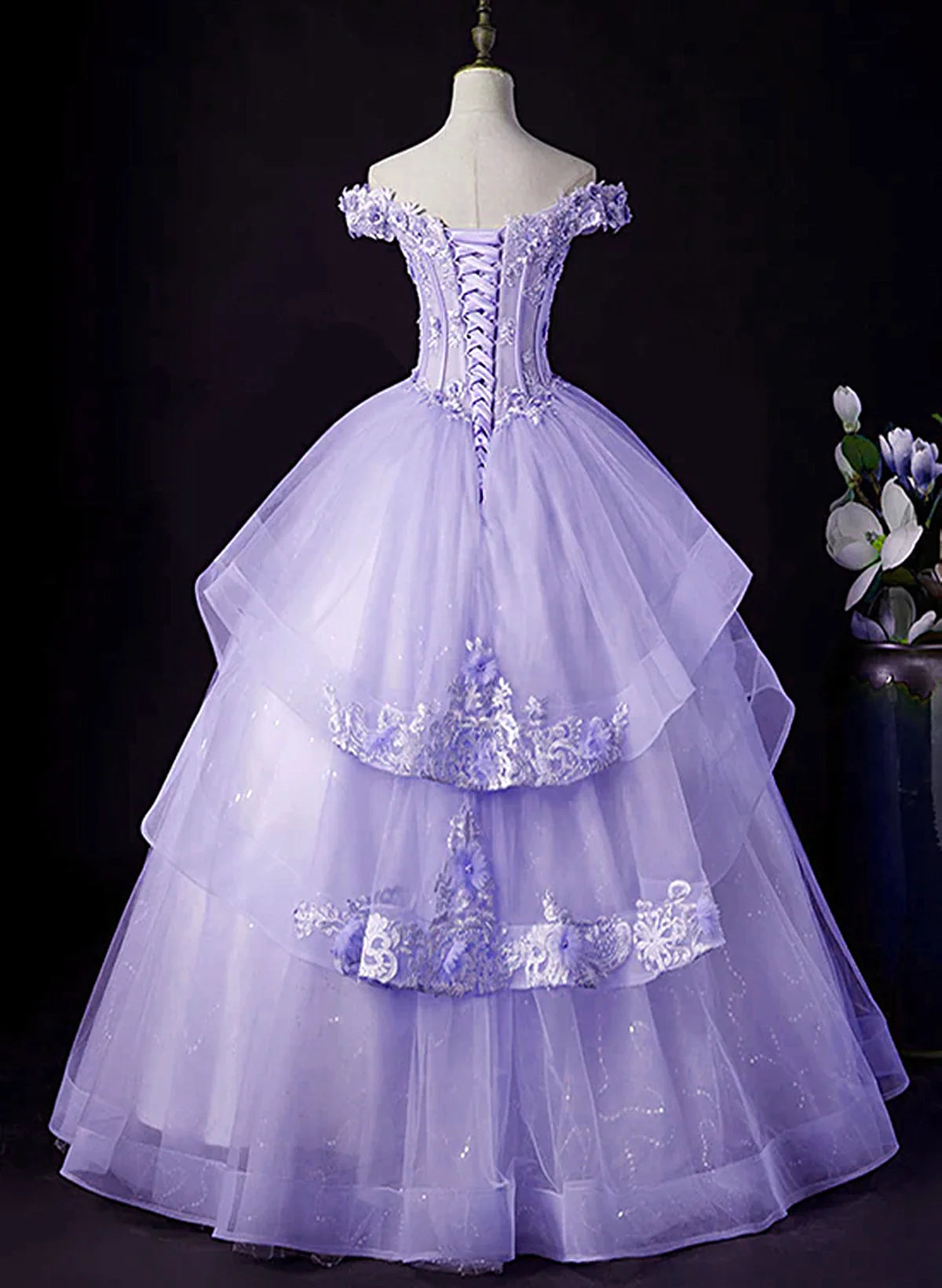 Light Purple Tulle With Lace Off Shoulder Sweet 16 Dress, Light Purple Formal Dress     S2557