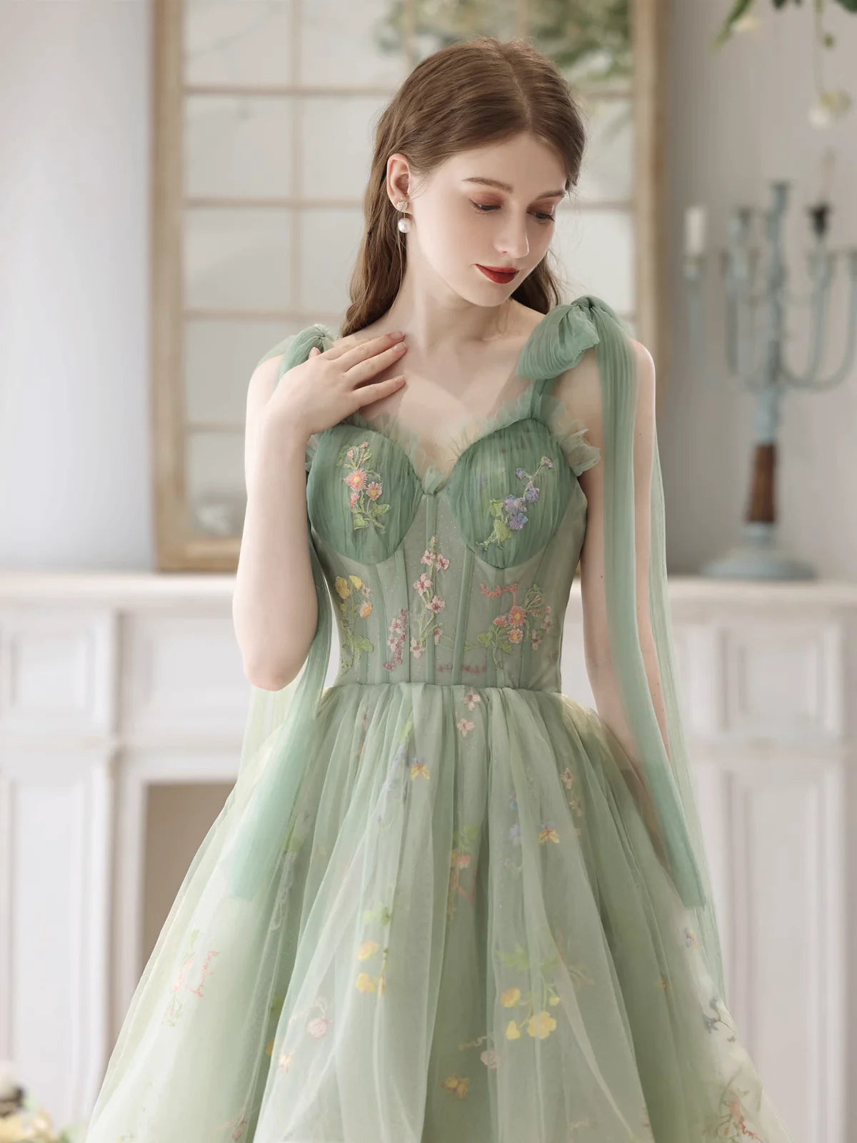 Light Green High Low Sweetheart Straps Formal Dress, Floral Tulle Homecoming Dress   S2561