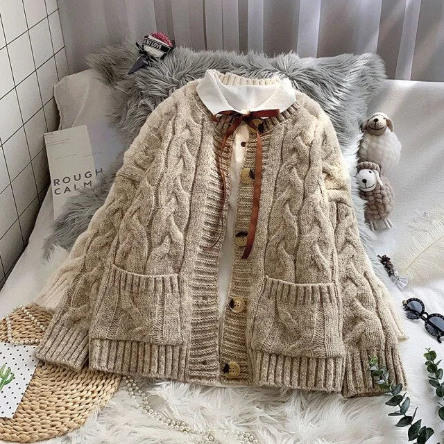 Sweet Warm Loose Pocket Knitted Sweater cardigan     S2796