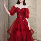 Chic Wine Red High Low Short Sleeves Party Dress, Wine Red High Low Homecoming Dress     S2558