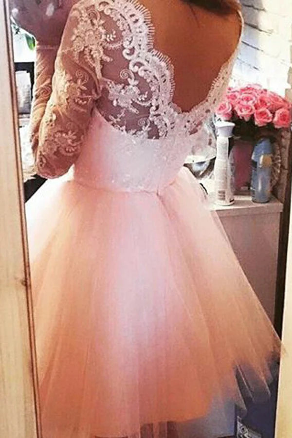 Long Sleeves Short Prom Tulle Homecoming Dresses with Appliques     S3291