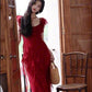 Retro red one-shoulder suspender dress high-end temperament beach dress R0774