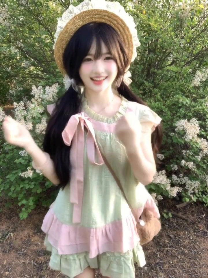 Pure outfit set casual green small flying sleeve top short skirt two-piece set R0834