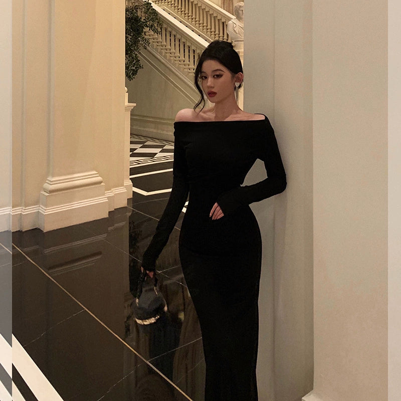 Black off shoulder long-sleeved dress for women  party dress    S5614