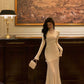 High neck white knitted dress for women handmade flowers party dress    S5517