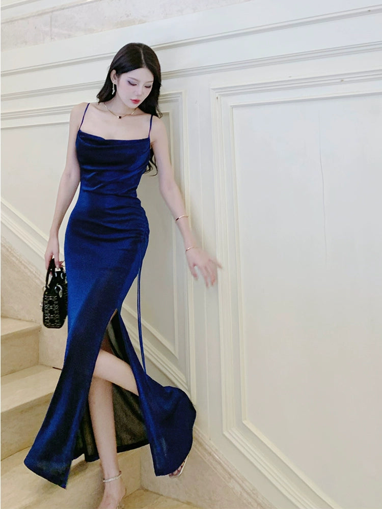 Blue shinny party dress long evening dress   S5956