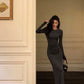 Gray long-sleeved dress for women new pleated  long party dress     S5689