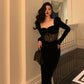 Sexy square neck velvet dress for women new style lace splicing black dress    S5554