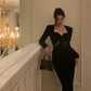 French Hepburn style velvet dress backless slit long dress party dress     S5696