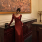 Red long-sleeved satin dress sexy party dress    S5513