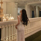 White satin suspender dress new ribbon backless split long party dress       S5681