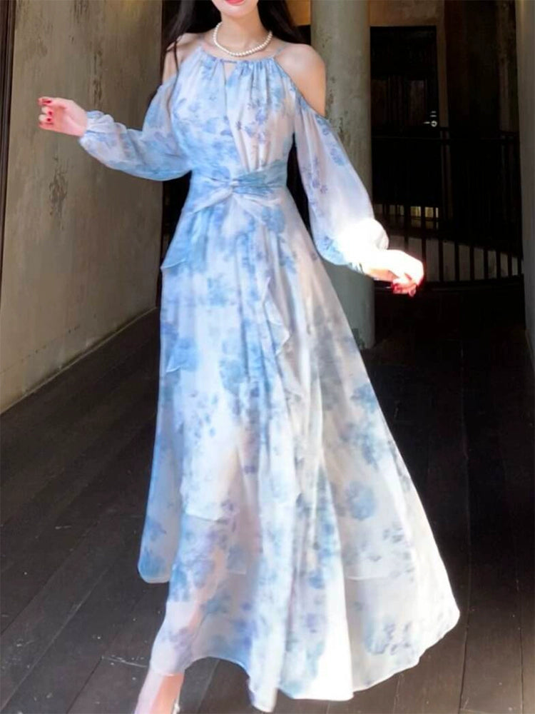 Chiffon printed dress women's seaside holiday long dress party dress     S6153