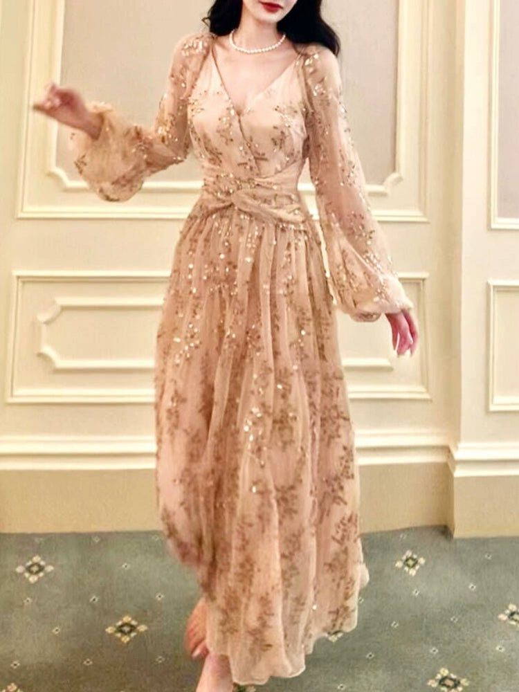 luxury V-neck sequined dress design puff sleeve long party dress    S6060