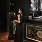 Black one-shoulder ribbon dress women evening party dress    S5508