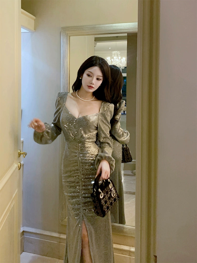 sequin dress long-sleeved slit evening dress       S6007