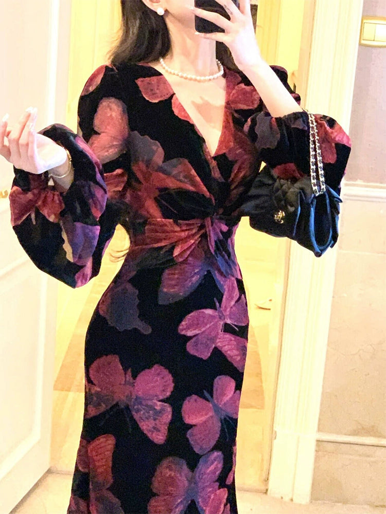 Retro velvet butterfly dress elegant V-neck long party dress    S6105