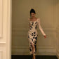 Retro satin dress for women new style ink print slit long party dress     S5690