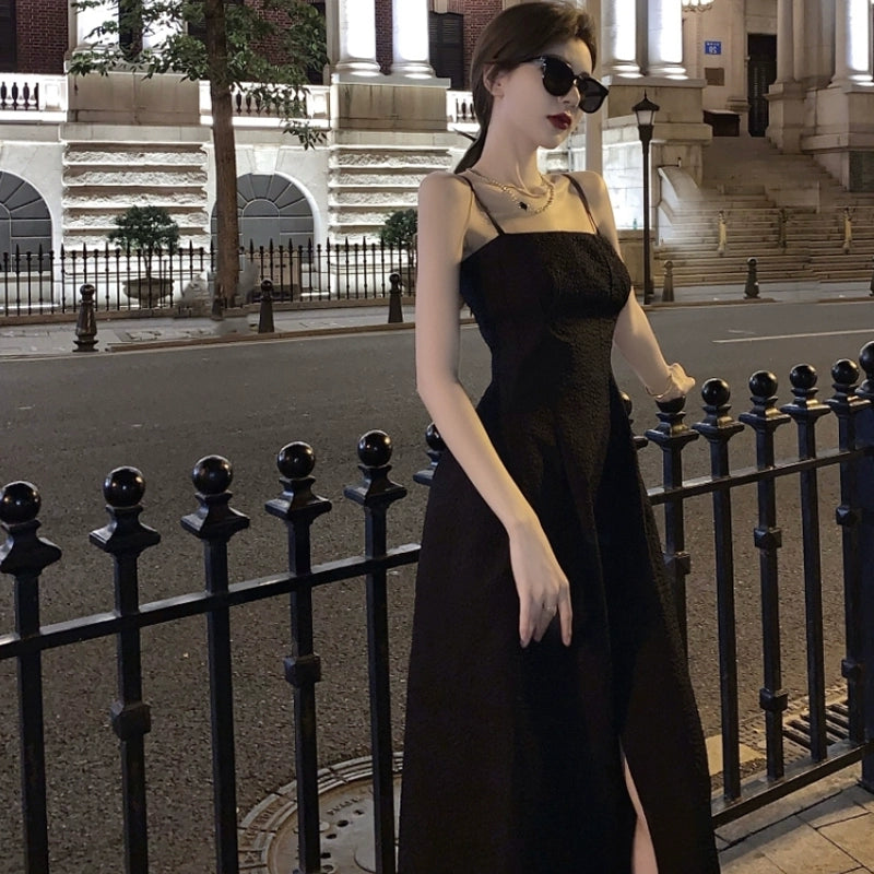 Black simple Spaghetti Straps dress women's summer long dress      S5861