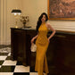 Gold jacquard long new halter neck slit cheongsam dress  S5659