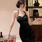 Irregular sexy backless halter neck suspender dress black evening dress       S5796