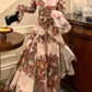 French retro printed dress layered long evening party dress     S5987