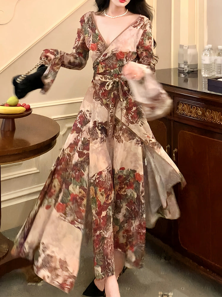 French retro printed dress layered long evening party dress     S5987