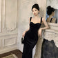 Birthday party dress banquet wine red velvet suspender dress     S5822