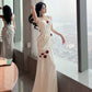 Engagement dress celebrity banquet white satin suspender dress       S5774